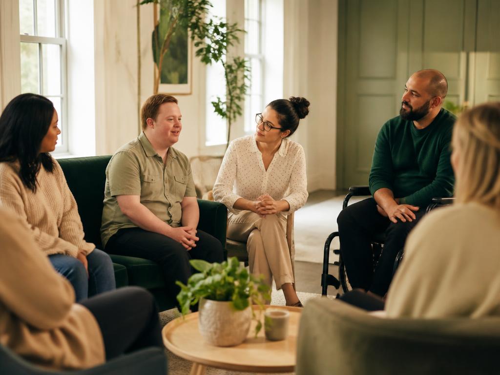 A small, diverse group in a calm, supportive conversation in a bright, sunlit room